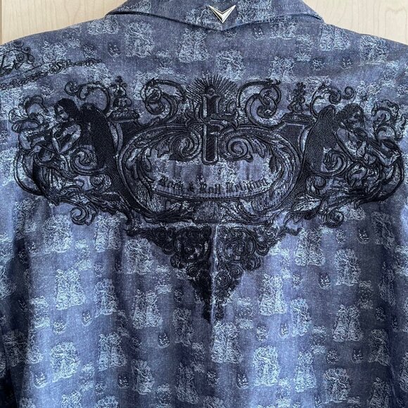 FENDER Custom Shop Rock And Roll Religion Mens Small Cotton Shirt Blue Geometric - Picture 3 of 10